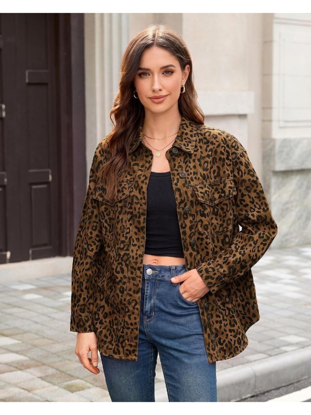 Women's Brown Cheetah Print Oversized Denim Jean Jacket Casual - Picture 2 of 7